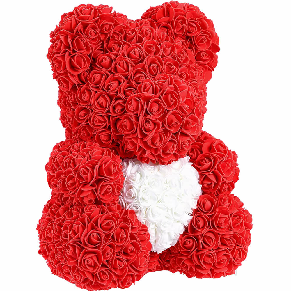 Medvídek z růží 40 cm - červený se srdcem v dárkovém balení
