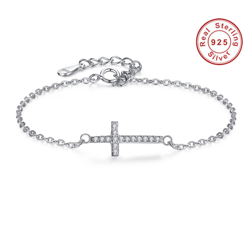 Dámský stříbrný náramek s křížem a kameny CROSS DIAMOND - stříbro 925/1000