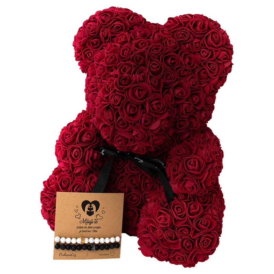 Medvídek z růží 40 cm bordový + dárková karta Miluji Tě s náramky