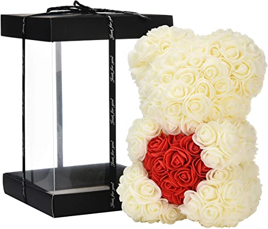 Medvídek z růží - bílý Rose Bear se srdcem z růží 25 cm