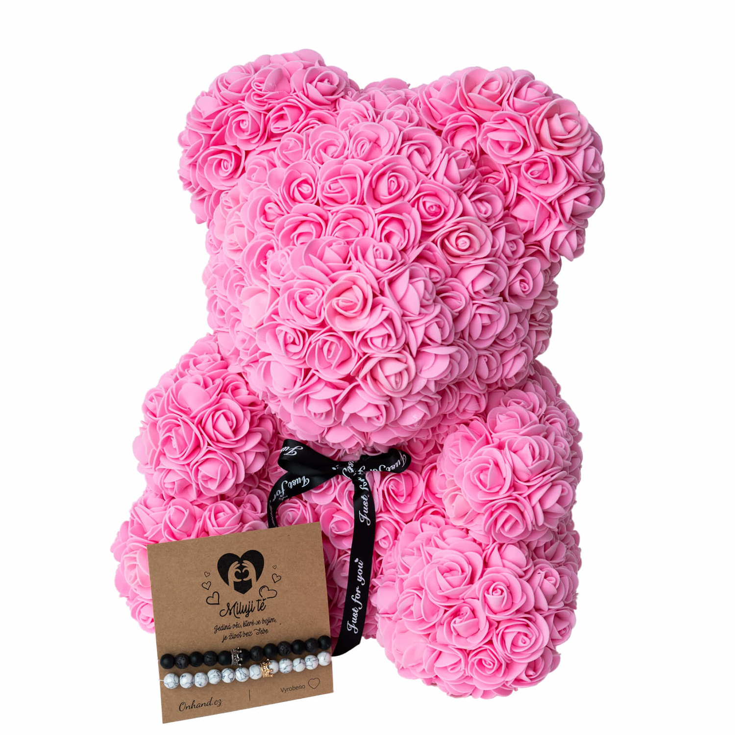 Medvídek z růží 40 cm růžový + dárková karta Miluji Tě s náramky